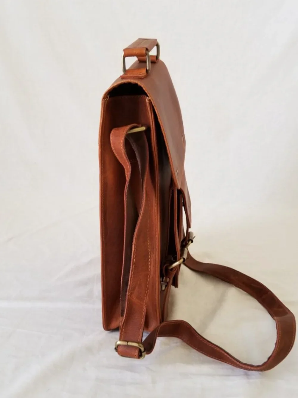 NWOT! Leather Messenger Shoulder Bag with Brass-tone Hardware & Detachable Strap